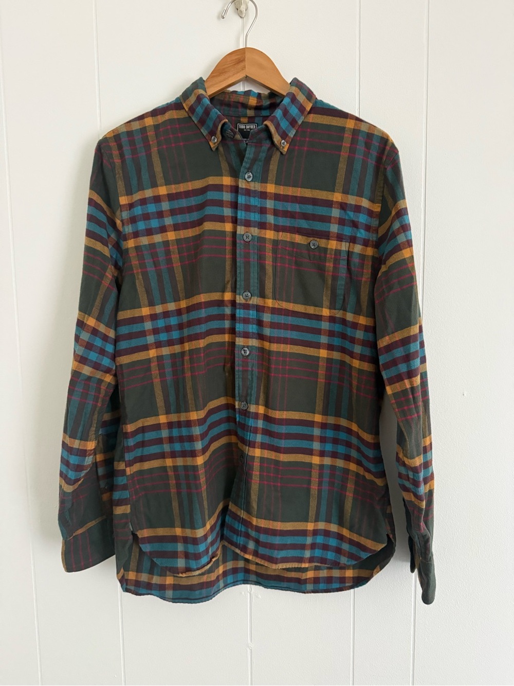 Todd Snyder Olive Plaid Button-Down Shirt with Blue & Mustard Stripes